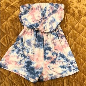 Pink blue & white strapless romper